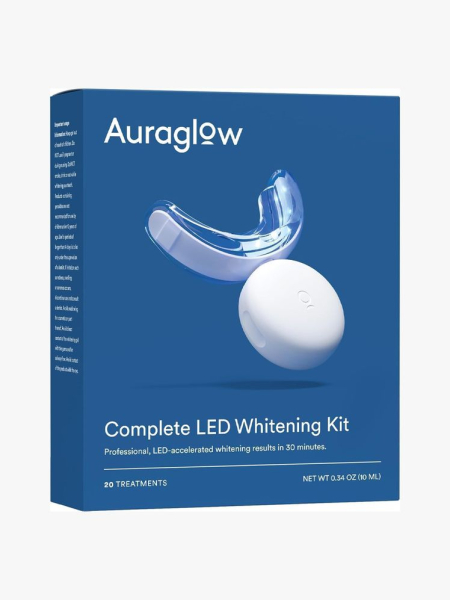 Auraglow Teeth Whitening Kit in branded component on a light gray background