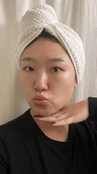Allure commerce editor Sarah Han wearing the ActAcre Microfiber Hair Towel